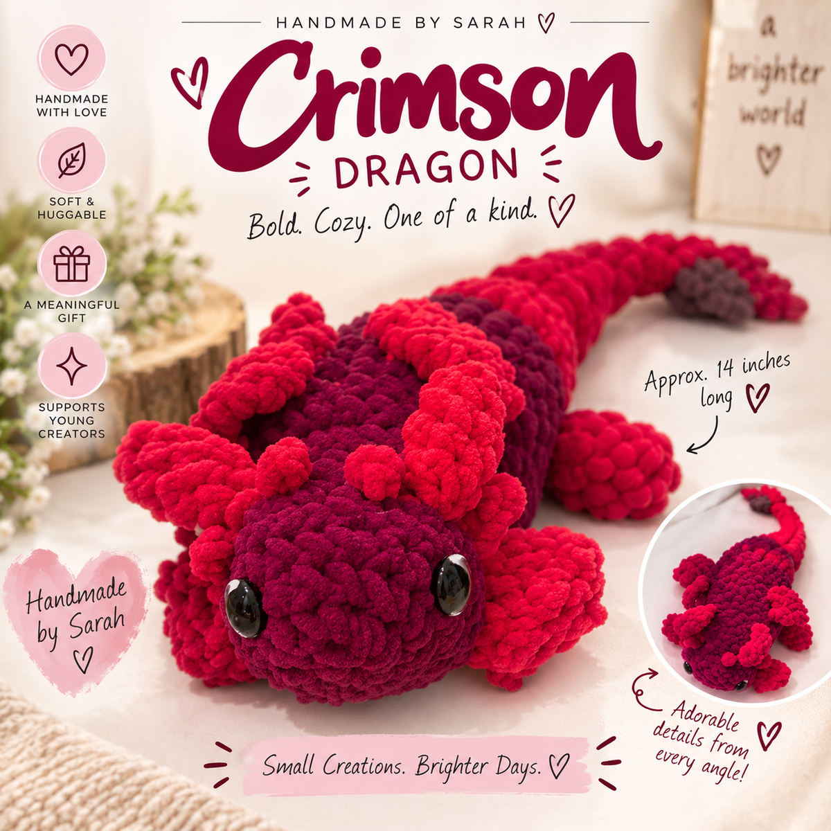 Crimson handmade red and magenta crochet dragon by Sarah