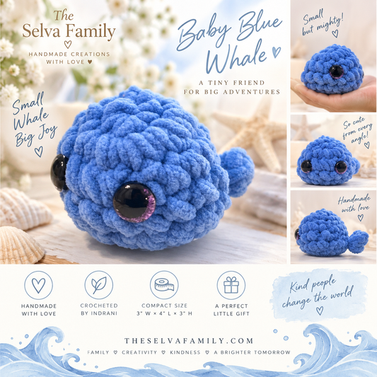 Styled product image of Indrani's handmade baby blue crochet whale