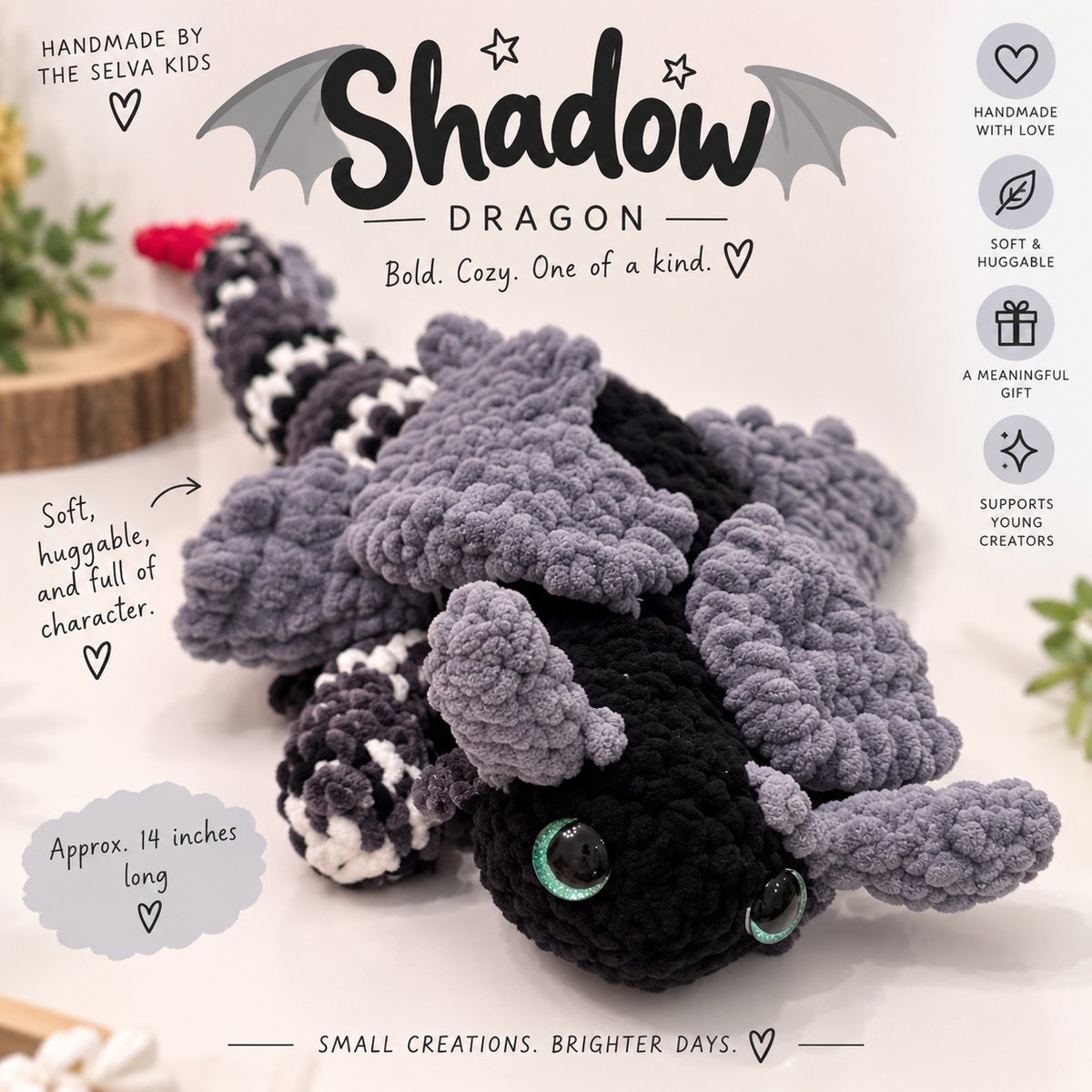 Shadow handmade black and gray crochet dragon by Sarah