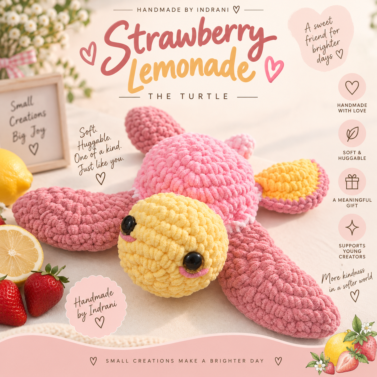 Strawberry Lemonade handmade crochet turtle by Indrani